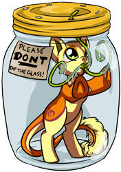 Size: 889x1260 | Tagged: safe, artist:dawnallies, part of a set, oc, oc only, oc:non toxic, don't tap the pony in the jar, glass, jar, monster pony, original species, part of a series, simple background, solo, tatzlpony, tentacle tongue, tentacles, tongue out, transparent background, trapped