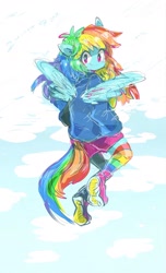 Size: 1239x2033 | Tagged: safe, artist:osawari64, character:rainbow dash, my little pony:equestria girls, clothing, female, flying, looking at you, looking back, looking back at you, ponied up, rainbow socks, shoes, sneakers, socks, solo, striped socks