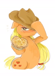 Size: 1188x1648 | Tagged: safe, artist:osawari64, character:applejack, species:earth pony, species:pony, apple, apple pie, blushing, female, food, mare, pie, simple background, solo, white background
