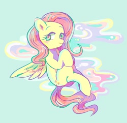 Size: 2048x1986 | Tagged: safe, artist:osawari64, character:fluttershy, species:pegasus, species:pony, blushing, female, looking at you, mare, simple background, solo, spread wings, three quarter view, wings