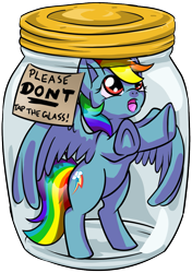 Size: 885x1258 | Tagged: safe, artist:dawnallies, part of a set, character:rainbow dash, species:pegasus, species:pony, abuse, blue, chibi, dashabuse, don't tap the pony in the jar, female, glass, glass jar, part of a series, pony in a bottle, rainbow, simple background, solo, stuck, this will end in death, transparent background