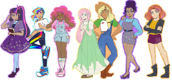 Size: 2605x1254 | Tagged: safe, artist:nichroniclesvsart, character:applejack, character:fluttershy, character:pinkie pie, character:rainbow dash, character:rarity, character:sunset shimmer, character:twilight sparkle, character:twilight sparkle (scitwi), species:eqg human, species:human, my little pony:equestria girls, book, clothing, converse, dark skin, diversity, dress, female, humane five, humane seven, humane six, jacket, leather jacket, overalls, shoes, shorts, simple background, sneakers, white background