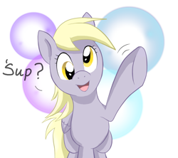 Size: 900x800 | Tagged: safe, artist:perfectpinkwater, character:derpy hooves, species:pegasus, species:pony, abstract background, bubble, female, hoofbump, looking at you, mare, smiling, solo, waving