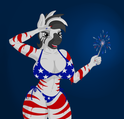 Size: 1300x1250 | Tagged: safe, artist:stray prey, oc, oc only, species:anthro, species:zebra, 4th of july, armpits, big breasts, bikini, bodypaint, breasts, cleavage, clothing, fireworks, flag bikini, gradient background, holiday, murica, nail polish, paint, paint on fur, salute, swimsuit, zebra oc