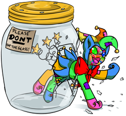 Size: 1382x1267 | Tagged: safe, artist:dawnallies, oc, oc only, oc:fool, species:zebra, broken, jester, pony in a bottle, shattered, simple background, solo, transparent background