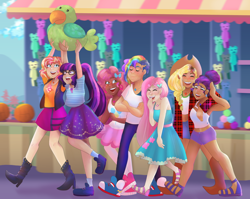Size: 1280x1018 | Tagged: safe, artist:nichroniclesvsart, character:applejack, character:fluttershy, character:pinkie pie, character:rainbow dash, character:rarity, character:sunset shimmer, character:twilight sparkle, character:twilight sparkle (scitwi), species:eqg human, ship:flutterdash, ship:rarijack, ship:scitwishimmer, ship:sunsetsparkle, equestria girls:rollercoaster of friendship, g4, my little pony: equestria girls, my little pony:equestria girls, abs, alternate hairstyle, ball, belly button, boots, clothing, converse, cute, dark skin, diversity, dreas, dress, ear piercing, earring, eyes closed, eyeshadow, female, flannel, geode of empathy, geode of fauna, geode of shielding, geode of sugar bombs, geode of super speed, geode of super strength, geode of telekinesis, glasses, high heel boots, hug, humane five, humane seven, humane six, jacket, jewelry, leather jacket, leggings, lesbian, magical geodes, makeup, midriff, necklace, parakeet, piercing, plushie, ponytail, scene interpretation, shipping, shoes, shorts, skirt, socks, stockings, tank top, thigh highs, toy