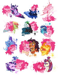 Size: 1179x1500 | Tagged: safe, artist:eqq_scremble, character:moondancer, character:pinkie pie, character:princess celestia, character:princess ember, character:princess luna, character:queen chrysalis, character:saffron masala, character:spitfire, character:starlight glimmer, character:tree hugger, character:trixie, character:twilight sparkle, character:twilight sparkle (alicorn), species:alicorn, species:changeling, species:classical unicorn, species:dragon, species:earth pony, species:pony, species:unicorn, ship:lunapie, ship:saffronpie, ship:trixiepie, ship:twinkie, alternate design, alternate hairstyle, bandana, beard, blushing, bust, changeling queen, chryssie pie, clothing, cloven hooves, crack shipping, ear piercing, earring, emberpie, facial hair, female, glasses, glimmerpie, hat, headband, interspecies, jewelry, kiss on the cheek, kissing, leonine tail, lesbian, magic, piercing, pink-mane celestia, pinkie pie gets all the mares, pinkiedancer, pinkiehugger, pinkielestia, shipping, spitpie, unshorn fetlocks, whispering