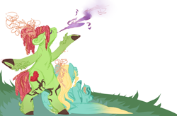 Size: 1000x656 | Tagged: safe, artist:eqq_scremble, derpibooru original, character:tree hugger, character:zephyr breeze, species:earth pony, species:pegasus, species:pony, alternate design, blowing, facing away, female, friendshipping, magic, male, pincushionzephyr, shipping, straight, zephyrhugger