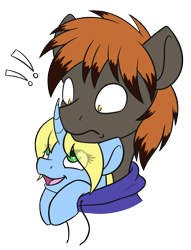 Size: 1142x1495 | Tagged: safe, artist:mynder, oc, oc:art's desire, oc:redflare, species:pegasus, species:pony, species:unicorn, bust, clothing, cute, duo, female, happy, hoodie, male, mare, simple background, size difference, stallion, surprised, transparent background