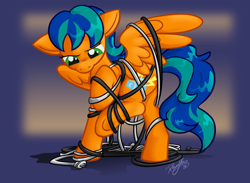 Size: 1016x744 | Tagged: safe, artist:dawnallies, oc, oc only, oc:thorlain, species:pegasus, species:pony, abstract background, cable, electrician, female, mare, solo, tangled up