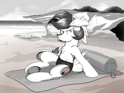 Size: 3200x2400 | Tagged: safe, artist:stec-corduroyroad, oc, oc:corduroy road, species:earth pony, species:pony, beach, black and white, clothing, grayscale, looking at you, male, manga, monochrome, screentone, solo, stallion, summer, swimsuit