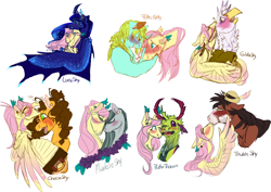 Size: 2890x2050 | Tagged: safe, artist:eqq_scremble, derpibooru original, character:cheese sandwich, character:fluttershy, character:gilda, character:marble pie, character:princess luna, character:thorax, character:trouble shoes, character:whoa nelly, species:alicorn, species:changeling, species:earth pony, species:griffon, species:pegasus, species:pony, species:reformed changeling, species:unicorn, ship:gildashy, ship:lunashy, accordion, alternate design, bandaid, bisexual, blushing, clothing, crack shipping, ear piercing, earring, female, flower, flutternelly, fluttersandwich, fluttershy gets all the mares, fluttershy gets all the stallions, harem, hat, interspecies, jewelry, lesbian, male, marbleshy, musical instrument, piercing, ponytail, shipping, straight, thoraxshy, troubleshy, wings