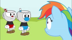 Size: 1280x720 | Tagged: safe, artist:toucanldm, character:rainbow dash, species:pegasus, species:pony, crossover, cuphead, cuphead (character), cuphead meets mlp, hasbro studios, looking at each other, mugman, screenshots, studio mdhr, youtube link
