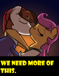 Size: 618x789 | Tagged: safe, artist:eliwood10, character:pipsqueak, character:scootaloo, species:pegasus, species:pony, ask, ask captain pipsqueak, female, kissing, male, meta, scootasqueak, shipping, straight, tumblr, yellow words