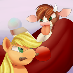 Size: 1500x1500 | Tagged: safe, artist:huffy26, character:applejack, character:arizona cow, species:cow, species:earth pony, species:pony, newbie artist training grounds, them's fightin' herds, atg 2018, female, mare, orb, tongue out