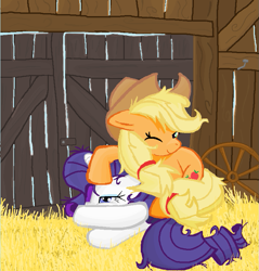 Size: 751x784 | Tagged: safe, artist:sallycars, character:applejack, character:rarity, species:earth pony, species:pony, species:unicorn, ship:rarijack, barn, cute, eyeshadow, female, hay, jackabetes, lesbian, makeup, mare, messy hair, messy mane, ms paint, one eye closed, raribetes, rarity is not amused, shipping, unamused, wagon wheel, wheel, wink