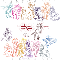 Size: 1500x1500 | Tagged: safe, artist:eqq_scremble, derpibooru original, character:applejack, character:fluttershy, character:pinkie pie, character:rainbow dash, character:rarity, character:spike, character:spike (dog), character:sunset shimmer, character:twilight sparkle, character:twilight sparkle (alicorn), species:alicorn, species:classical unicorn, species:dog, species:dragon, species:earth pony, species:pegasus, species:pony, species:unicorn, my little pony:equestria girls, alternate design, alternate hairstyle, alternate universe, chest fluff, cloven hooves, crossed hooves, dragonified, equestria girls ponified, female, fire, fire breath, floppy ears, flying, frown, glare, glasses, grin, headcanon, heart, hoof fluff, humane five, humane seven, humane six, leonine tail, levitation, lidded eyes, looking at you, magic, mane seven, mane six, mare, one eye closed, open mouth, ponified, raised hoof, shoulder fluff, simple background, sitting, sketch, sketchy, smiling, smirk, species swap, spread wings, tail fluff, telekinesis, unshorn fetlocks, vulgar, waving, white background, wing fluff, winged spike, wings, wink