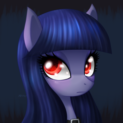 Size: 1000x1000 | Tagged: safe, artist:leffenkitty, oc, oc:cosmia nebula, species:earth pony, species:pony, abstract background, blue background, bust, choker, female, lidded eyes, portrait, red eyes, signature, simple background, solo, starry eyes