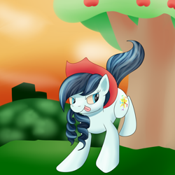 Size: 1500x1500 | Tagged: safe, artist:huffy26, character:coloratura, species:earth pony, species:pony, newbie artist training grounds, applebucking, clothing, cowboy hat, female, hat, looking back, mare, rara, solo, stetson, tongue out, tree