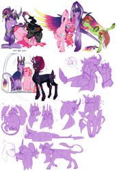 Size: 1364x2000 | Tagged: safe, artist:eqq_scremble, derpibooru original, character:king sombra, character:pinkie pie, character:quibble pants, character:tempest shadow, character:tree hugger, character:twilight sparkle, character:twilight sparkle (alicorn), species:alicorn, species:pony, ship:tempestlight, ship:twibra, ship:twinkie, alternate design, armor, armpits, beard, blushing, crown, ear piercing, earring, faceless pony, facial hair, female, flustered, glasses, hair bun, heart, jewelry, king sombra gets all the mares, leonine tail, lesbian, male, neck fluff, nose kiss, piercing, pinkiehugger, polyamory, prosthetic horn, prosthetics, quibblelight, regalia, royal guard, shipping, sombrapie, straight, straight hair, tempest becomes a royal guard, tempest gets her horn back, tempestpie, throne, tired, twihugger, twinkiebra, twinkiehugger, twinkiepest, yoga