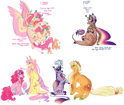 Size: 1766x1500 | Tagged: safe, artist:eqq_scremble, derpibooru original, character:applejack, character:fluttershy, character:pinkie pie, character:twilight sparkle, character:twilight sparkle (alicorn), species:alicorn, species:earth pony, species:pegasus, species:pony, ship:flutterpie, ship:twijack, alternate design, clothing, cloven hooves, colored hooves, colored wings, crown, female, freckles, fusion, fusion:dawn cider, fusion:flickering sugar sweet, hair bun, hat, jewelry, leonine tail, lesbian, mare, multicolored wings, regalia, shipping, simple background, smiling, tail feathers, white background, wing claws