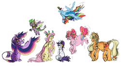Size: 2660x1450 | Tagged: safe, artist:eqq_scremble, character:applejack, character:fluttershy, character:pinkie pie, character:rainbow dash, character:rarity, character:spike, character:twilight sparkle, character:twilight sparkle (alicorn), species:alicorn, species:dragon, species:earth pony, species:pegasus, species:pony, species:unicorn, alternate design, alternate hairstyle, braid, cloak, clothing, ear piercing, earring, elements of harmony, feather, female, flying, hair bun, headband, headpiece, jewelry, jumping, male, mane seven, mane six, mistmane's flower, piercing, somnambula's blindfold, turned away, upside down