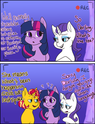 Size: 1280x1656 | Tagged: safe, artist:nichroniclesvsart, character:rarity, character:sunset shimmer, character:twilight sparkle, character:twilight sparkle (alicorn), species:alicorn, species:pony, series:princess sciset, alternate hairstyle, comic, recording