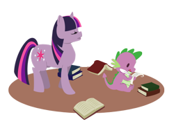 Size: 582x424 | Tagged: safe, artist:tinrobo, character:spike, character:twilight sparkle, species:dragon, species:pony, species:unicorn, book, duo, female, male, mare, writing