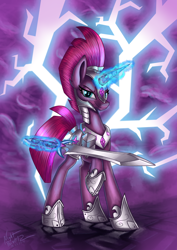 Size: 2304x3248 | Tagged: safe, artist:nightpaint12, character:tempest shadow, species:pony, species:unicorn, armor, broken horn, female, glowing horn, hoof shoes, lightning, looking at you, magic, mare, royal guard, smiling, solo, sword, telekinesis, tempest becomes a royal guard, tempest gets her horn back, weapon