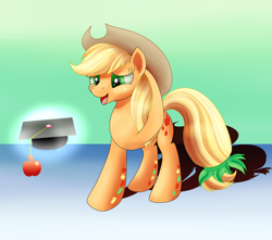 Size: 1700x1500 | Tagged: safe, artist:huffy26, character:applejack, species:earth pony, species:pony, newbie artist training grounds, atg 2018, clothing, female, graduation cap, hat, hooves behind head, mare, smiling, solo