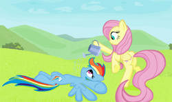 Size: 1505x888 | Tagged: safe, artist:sallycars, character:fluttershy, character:rainbow dash, species:pegasus, species:pony, duo, female, mare, ms paint, outdoors, scenery, watering can
