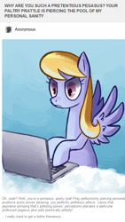 Size: 488x865 | Tagged: safe, artist:reuniclus, character:cloud kicker, species:pegasus, species:pony, ask, computer, female, frown, laptop computer, mare, solo, working hard hardly working