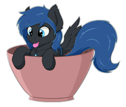 Size: 1885x1600 | Tagged: safe, artist:wolfypon, oc, oc only, oc:midnight light, species:pegasus, species:pony, cup, cup of pony, cute, female, mare, micro, mlem, silly, simple background, solo, tail, tongue out, transparent background