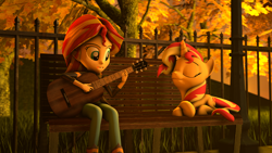 Size: 1920x1080 | Tagged: safe, artist:aeridiccore, artist:jarg1994, artist:stefano96, character:sunset shimmer, species:pony, my little pony:equestria girls, 3d, acoustic guitar, bench, clothing, crossed hooves, duality, eyes closed, fence, human ponidox, jacket, leather jacket, listening, musical instrument, open mouth, ponidox, prone, self paradox, self ponidox, singing, source filmmaker, sunset shimmer day, tree