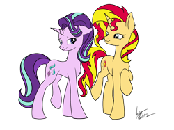 Size: 2646x1983 | Tagged: safe, artist:icey-wicey-1517, artist:nightpaint12, edit, character:starlight glimmer, character:sunset shimmer, species:pony, species:unicorn, ship:shimmerglimmer, chest fluff, collaboration, color edit, colored, ear fluff, female, flirting, heart, lesbian, mare, raised hoof, shipping, signature, simple background, transparent background