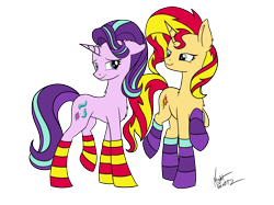 Size: 2646x1983 | Tagged: safe, alternate version, artist:icey-wicey-1517, artist:nightpaint12, edit, character:starlight glimmer, character:sunset shimmer, species:pony, species:unicorn, ship:shimmerglimmer, chest fluff, clothing, collaboration, color edit, colored, ear fluff, female, flirting, heart, lesbian, mare, raised hoof, shipping, signature, simple background, socks, striped socks, transparent background