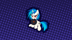 Size: 1366x768 | Tagged: safe, artist:leadhooves, artist:shelmo69, edit, character:dj pon-3, character:vinyl scratch, species:pony, species:unicorn, abstract background, blue background, cutie mark, female, hooves, horn, mare, mouth hold, record, simple background, sitting, solo, text, wallpaper, wallpaper edit, wrong eye color