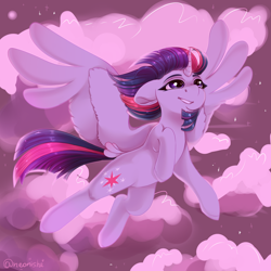 Size: 2000x2000 | Tagged: safe, artist:neonishe, character:twilight sparkle, character:twilight sparkle (alicorn), species:alicorn, species:pony, female, floppy ears, flying, high res, mare, sky, solo, windswept mane