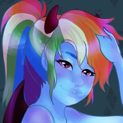 Size: 1013x1013 | Tagged: safe, artist:nichroniclesvsart, character:rainbow dash, my little pony:equestria girls, bat wings, clothing, costume, demon wings, devil horns, halloween, halloween costume, instagram, looking at you, smiling, wings