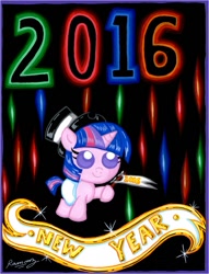 Size: 809x1057 | Tagged: safe, artist:rammzblood, character:twilight sparkle, character:twilight sparkle (unicorn), species:pony, species:unicorn, baby, baby pony, babylight sparkle, clothing, diaper, female, filly, filly twilight sparkle, flag, happy new year 2016, hat, hoof hold, new year, op is a slowpoke, slowpoke, solo, top hat, younger