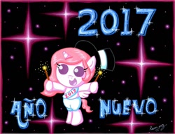 Size: 1408x1075 | Tagged: safe, artist:rammzblood, character:princess celestia, clothing, female, happy new year 2017, hat, op is a slowpoke, pants, sash, solo, spanish, sparkler, sparkles, stars, top hat