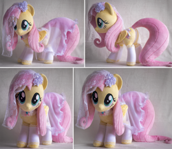 Size: 2613x2253 | Tagged: safe, artist:buttercupbabyppg, character:fluttershy, species:pegasus, species:pony, bridal veil, clothing, cute, dress, female, folded wings, head tilt, irl, lacy underwear, looking at you, mare, panties, photo, plushie, shyabetes, smiling, solo, standing, underwear, wedding dress, wedding veil, white underwear, wings