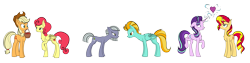 Size: 6271x1582 | Tagged: safe, artist:icey-wicey-1517, artist:nightpaint12, edit, character:applejack, character:lightning dust, character:limestone pie, character:starlight glimmer, character:strawberry sunrise, character:sunset shimmer, species:earth pony, species:pegasus, species:pony, species:unicorn, ship:applerise, ship:shimmerglimmer, applejack's hat, basket, chest fluff, clothing, collaboration, color edit, colored, cowboy hat, cute, female, food, hat, heart, lesbian, limedust, looking at each other, mare, mouth hold, nervous, raised hoof, shipping, simple background, staring contest, strawberry, transparent background