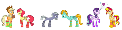 Size: 6271x1582 | Tagged: safe, alternate version, artist:icey-wicey-1517, artist:nightpaint12, edit, character:applejack, character:lightning dust, character:limestone pie, character:starlight glimmer, character:strawberry sunrise, character:sunset shimmer, species:earth pony, species:pegasus, species:pony, species:unicorn, ship:applerise, ship:shimmerglimmer, applejack's hat, basket, chest fluff, clothing, collaboration, color edit, colored, cowboy hat, cute, female, food, hat, heart, lesbian, limedust, looking at each other, mare, mouth hold, nervous, raised hoof, shipping, simple background, socks, staring contest, stockings, strawberry, striped socks, thigh highs, transparent background