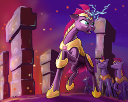 Size: 1800x1440 | Tagged: safe, artist:capt_hairball, character:fizzlepop berrytwist, character:tempest shadow, species:pony, armor, crepuscular guard, dusk guard, female, guard, looking over shoulder, menhir, military, night, royal guard, shout, sparks, teeth, tempest becomes a royal guard