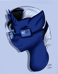 Size: 2294x2894 | Tagged: safe, artist:homecome, oc, oc only, oc:shabaco, species:pony, species:unicorn, bust, glasses, looking at you, male, simple background, solo