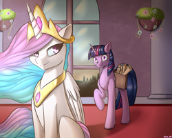 Size: 2500x2000 | Tagged: safe, artist:kirasunnight, character:princess celestia, character:twilight sparkle, character:twilight sparkle (alicorn), species:alicorn, species:pony, carpet, crown, duo, female, flower, horn, mare, peytral, red carpet, regalia, saddle bag, scroll, she knows, signature, smiling, teacher and student, window, wings