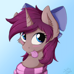 Size: 1250x1250 | Tagged: safe, artist:wolfypon, oc, oc:mochaswirl, species:pony, species:unicorn, avatar, blushing, bow, clothing, female, mare, scarf, solo, tongue out