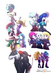 Size: 2480x3496 | Tagged: safe, artist:tofutiles, character:adagio dazzle, character:aria blaze, character:bon bon, character:bulk biceps, character:cloudy kicks, character:drama letter, character:fuchsia blush, character:lavender lace, character:lyra heartstrings, character:octavia melody, character:paisley, character:sonata dusk, character:sweetie drops, character:trixie, character:watermelody, equestria girls:rainbow rocks, g4, my little pony: equestria girls, my little pony:equestria girls, background human, cloudy kicks, female, high res, male, musical instrument, simple background, sweet leaf, tennis match, the dazzlings, trixie and the illusions, violin, white background