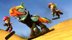 Size: 3840x2160 | Tagged: safe, artist:apexpredator923, character:fluttershy, character:rainbow dash, character:scootaloo, species:pegasus, species:pony, 3d, clothing, dune, dunes, sand, skateboard, skateboarding, source filmmaker